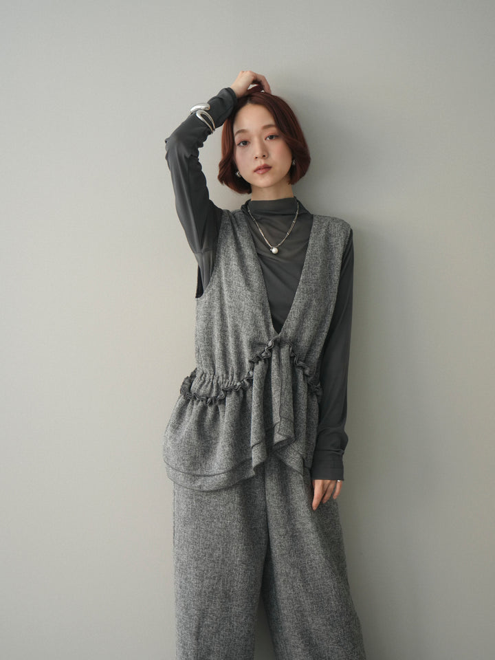 [SET]3WAYミックスツイードギャザーオールインワン+シアープチネックストレッチトップス(2set)