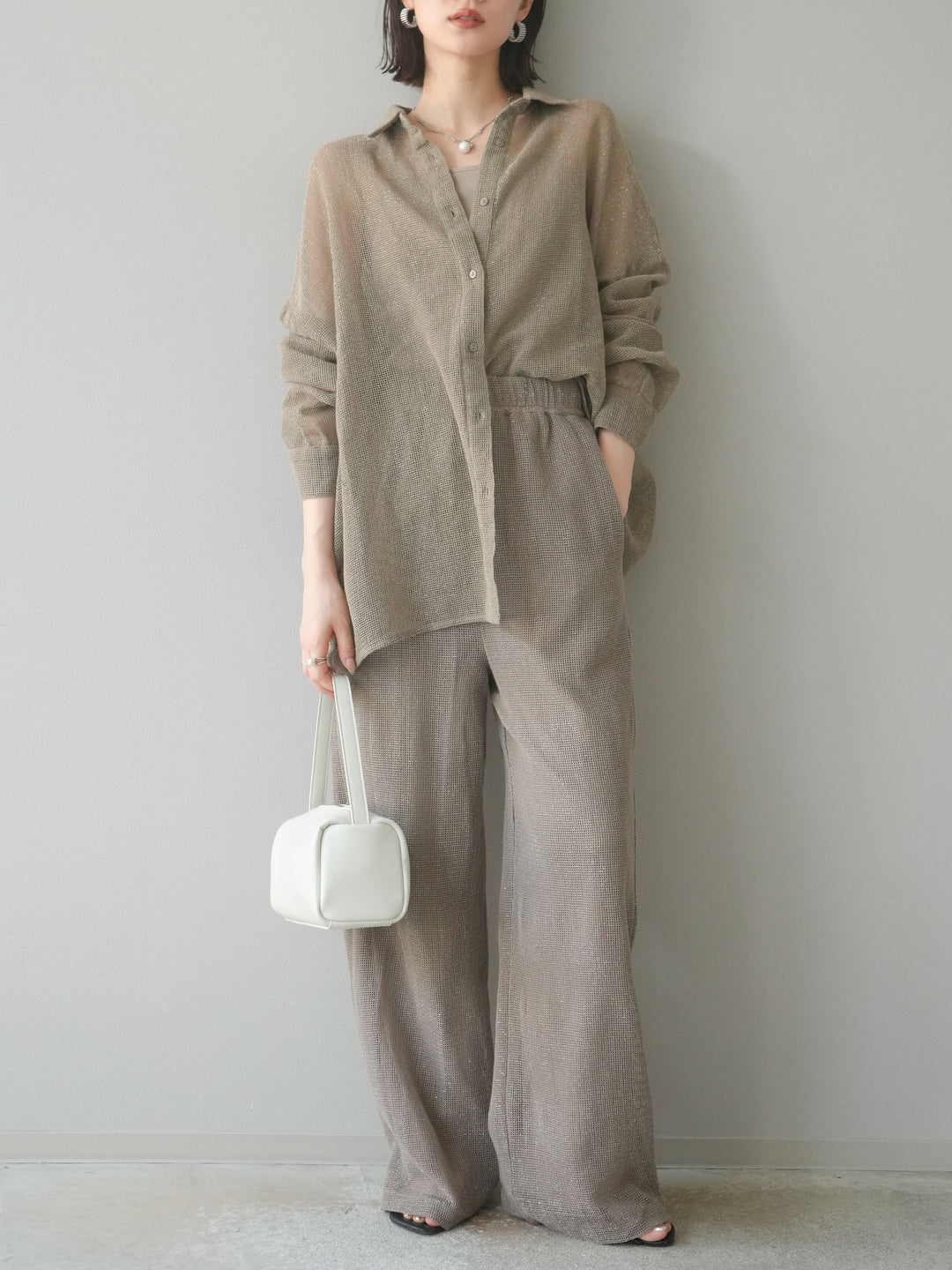 [予約]コットンラメメッシュオーバーシャツ/ベージュ