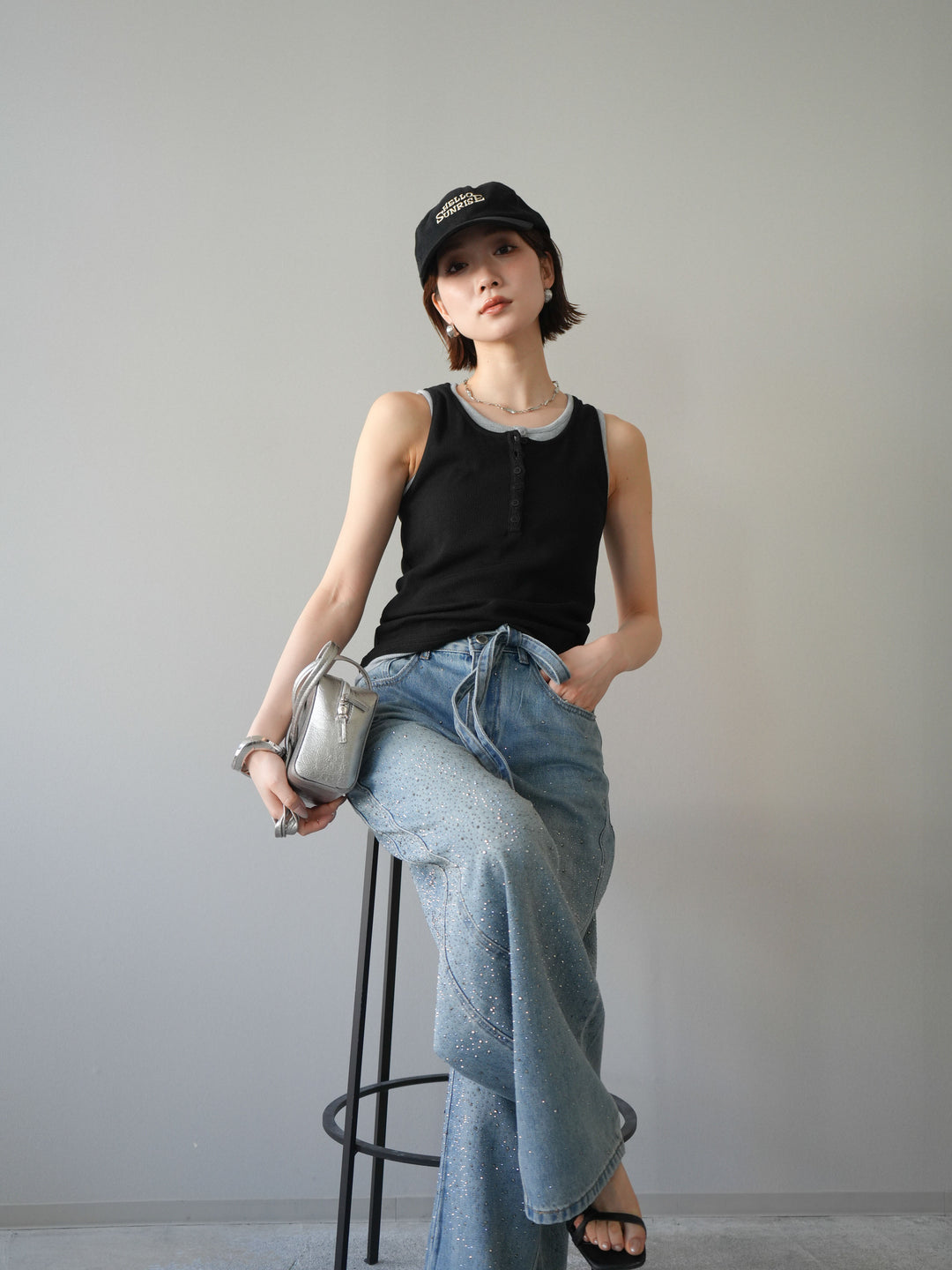 [SET]配色リブヘンリータンクトップ+ウエストベルトビジューワイドデニムパンツ(2set)