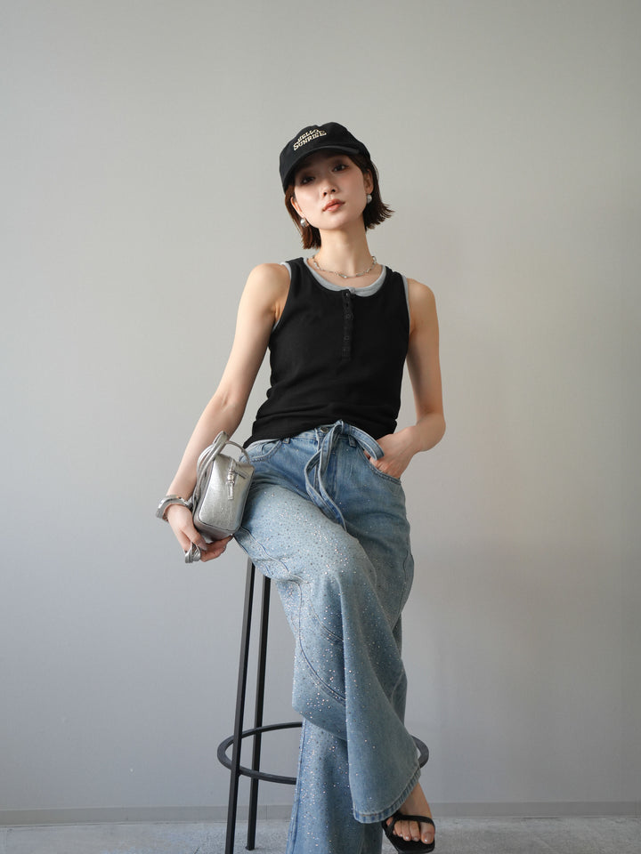 [SET]配色リブヘンリータンクトップ+ウエストベルトビジューワイドデニムパンツ(2set)
