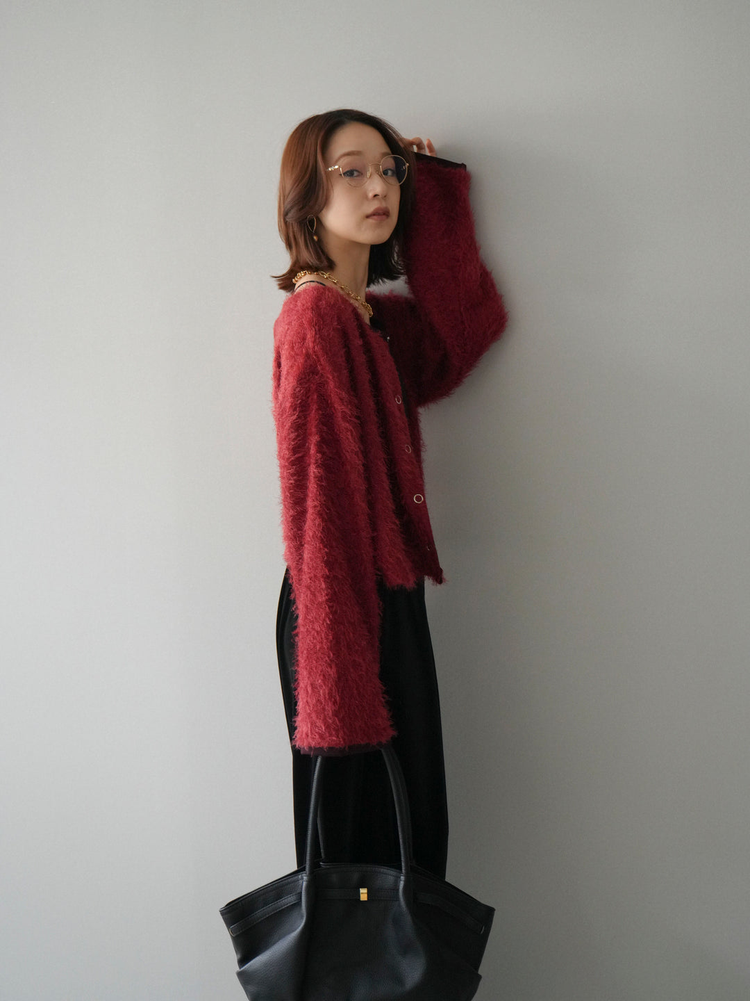 [予約]バイカラー2WAYシャギーニットカーディガン/red