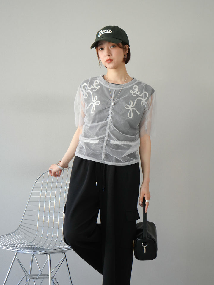 [SET]ラメチュールシャーリングプルオーバー+コード刺繍フレンチスリーブTシャツ+ウエストラインサイドポケットスウェットパンツ(3set)