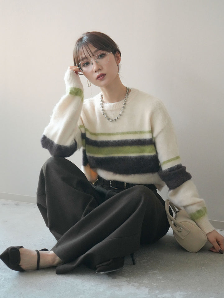 [SET]ソフトタッチボーダークロップドニットプルオーバー+選べるアクセセット(2set)