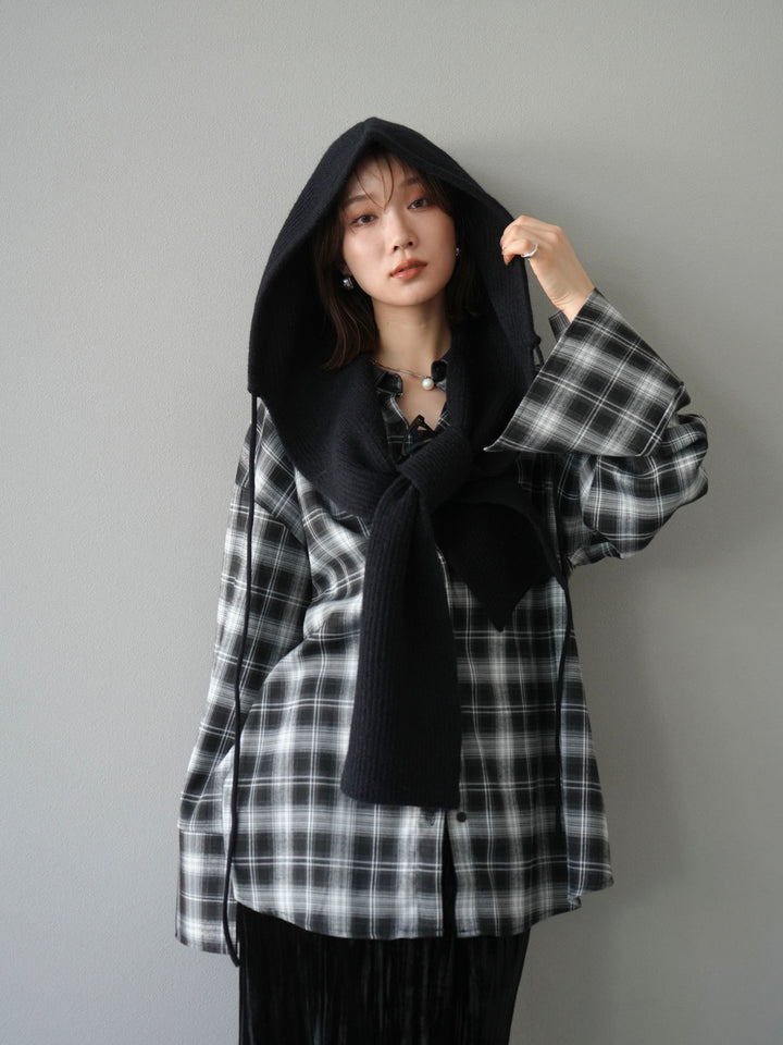 [予約]レザー襟オンブレチェックオーバーシャツ /ブラック