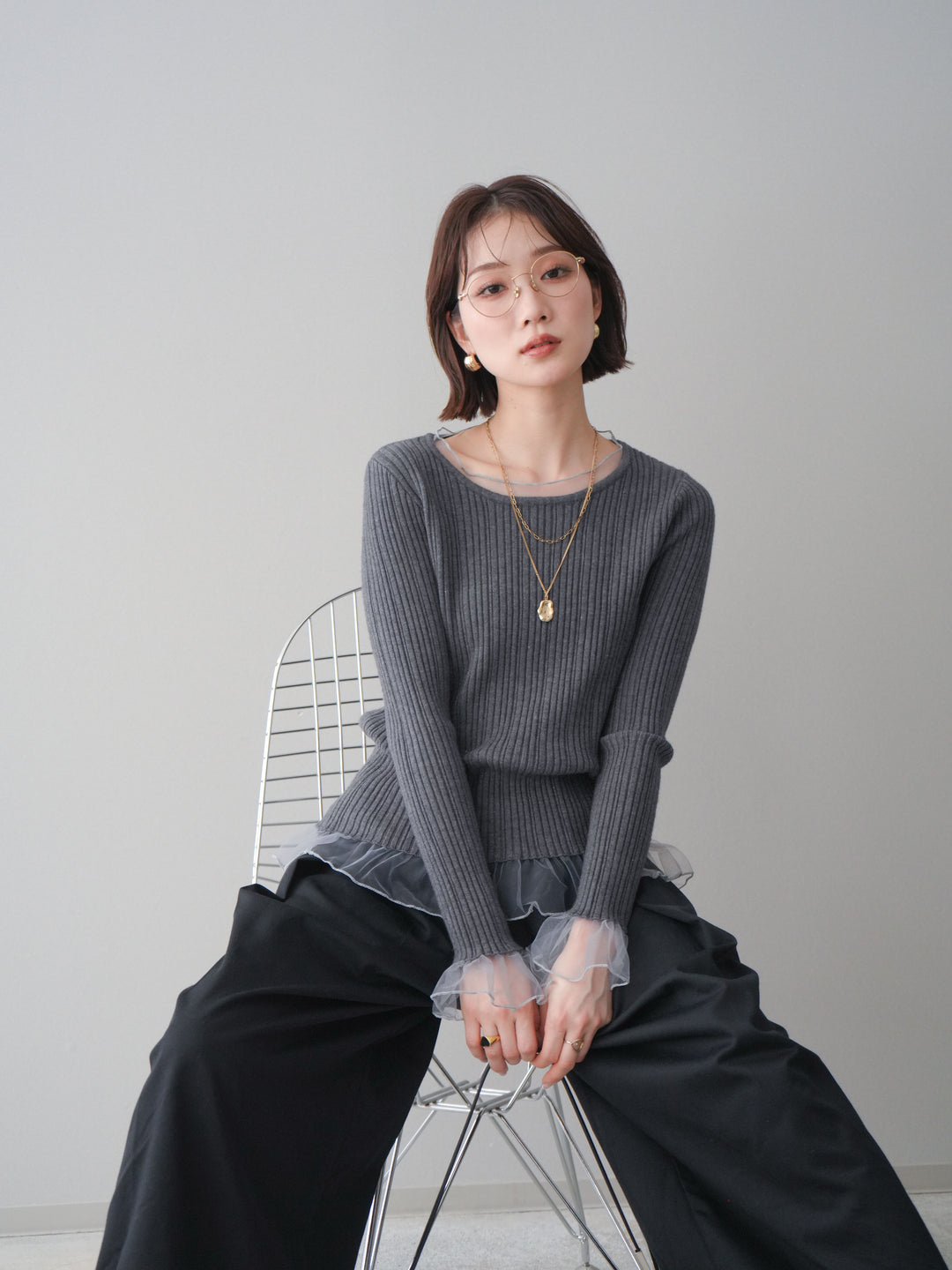 [予約]チュールレイヤードリブニットトップス/gray