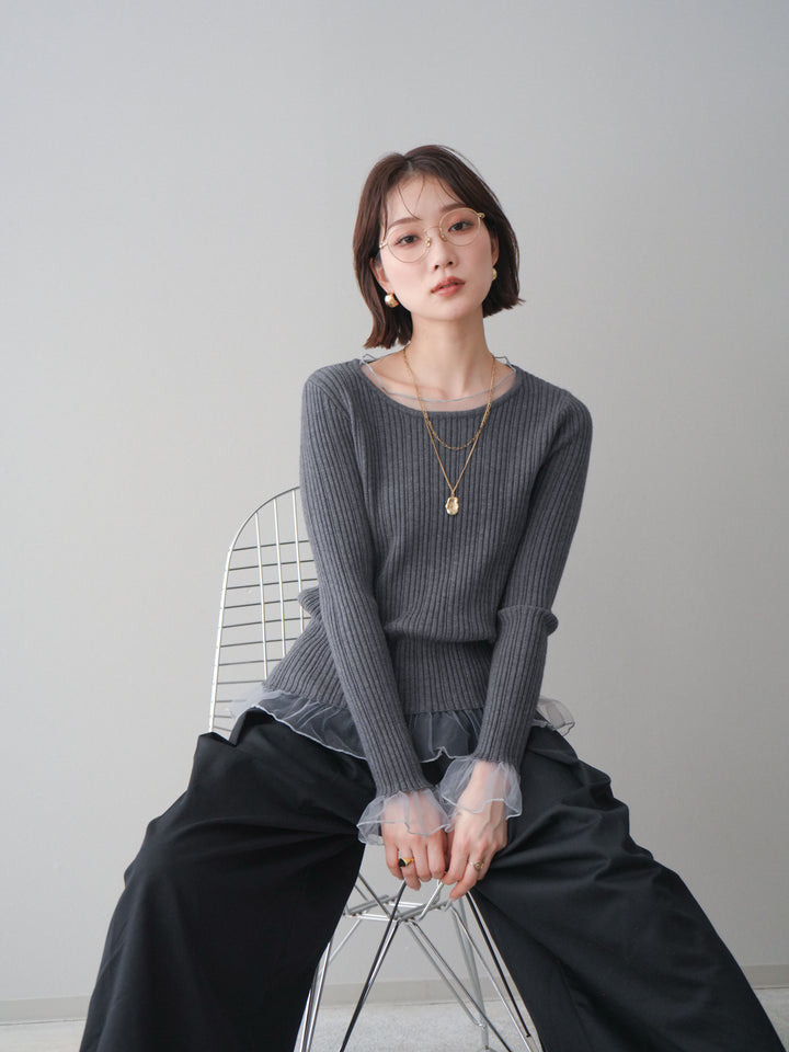 [予約]チュールレイヤードリブニットトップス/gray