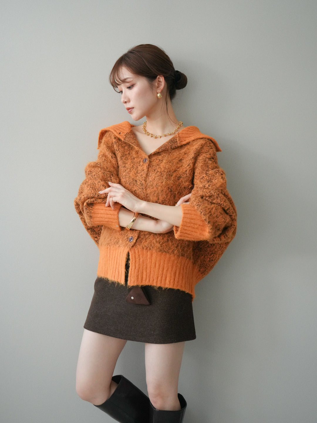 [予約]リブ切替メランジニットカーディガン/orange