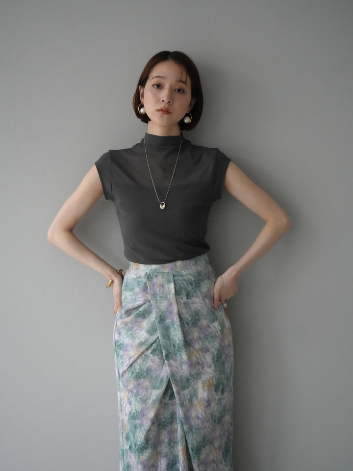 [予約]シアー切替ストレッチトップス/チャコール