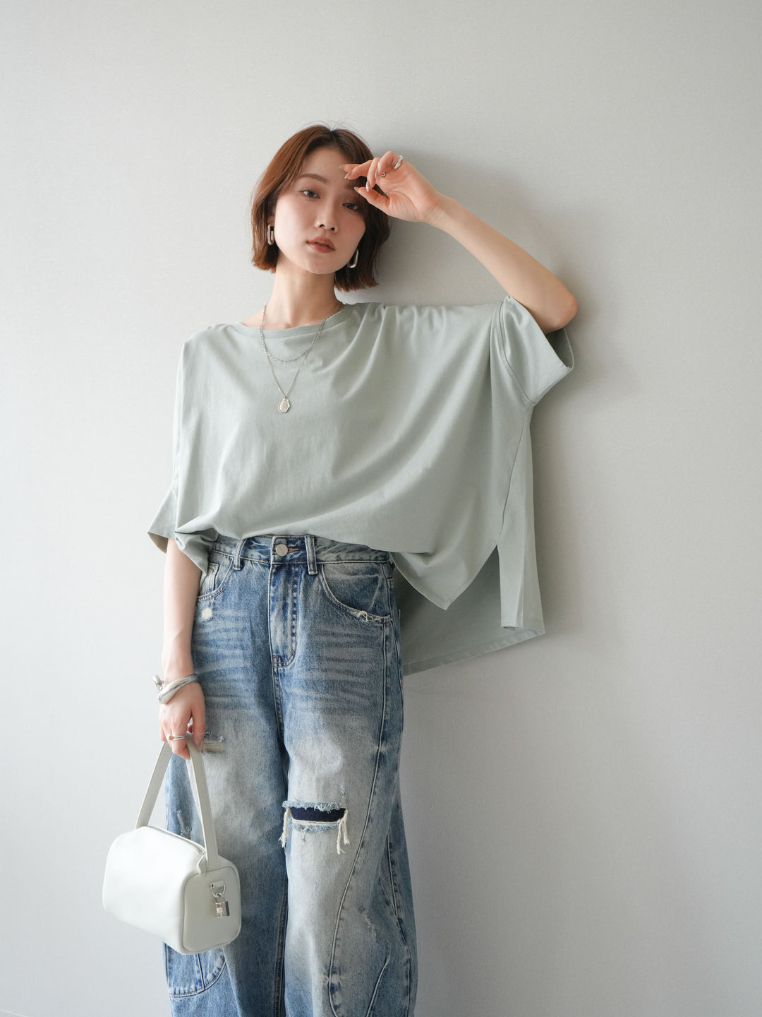 [SET]ドルマンワイドフレアトップス+ダメージカーブワイドデニムパンツ(2set)