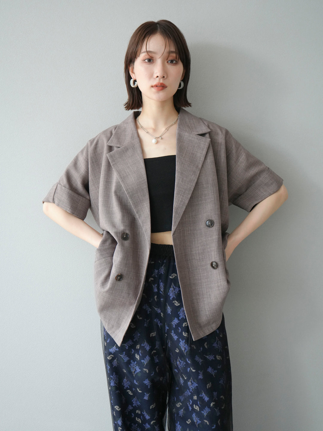 [SET]リネンライクハーフテーラードジャケット+コード刺繍チュールレイヤードパンツ(2set)