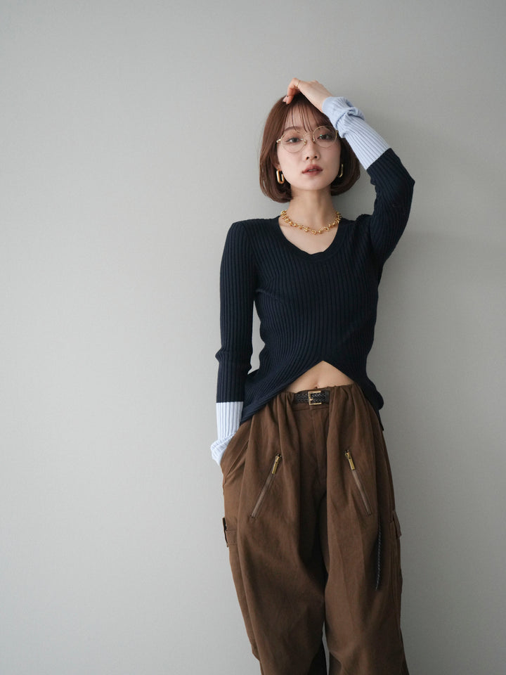 [予約]袖配色ランダムリブフロントスリットニットトップス/navy