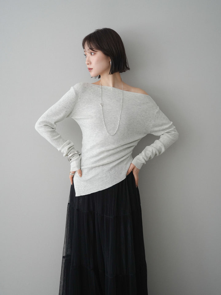 [予約]ラインストーンアシンメトリーニットトップス/gray