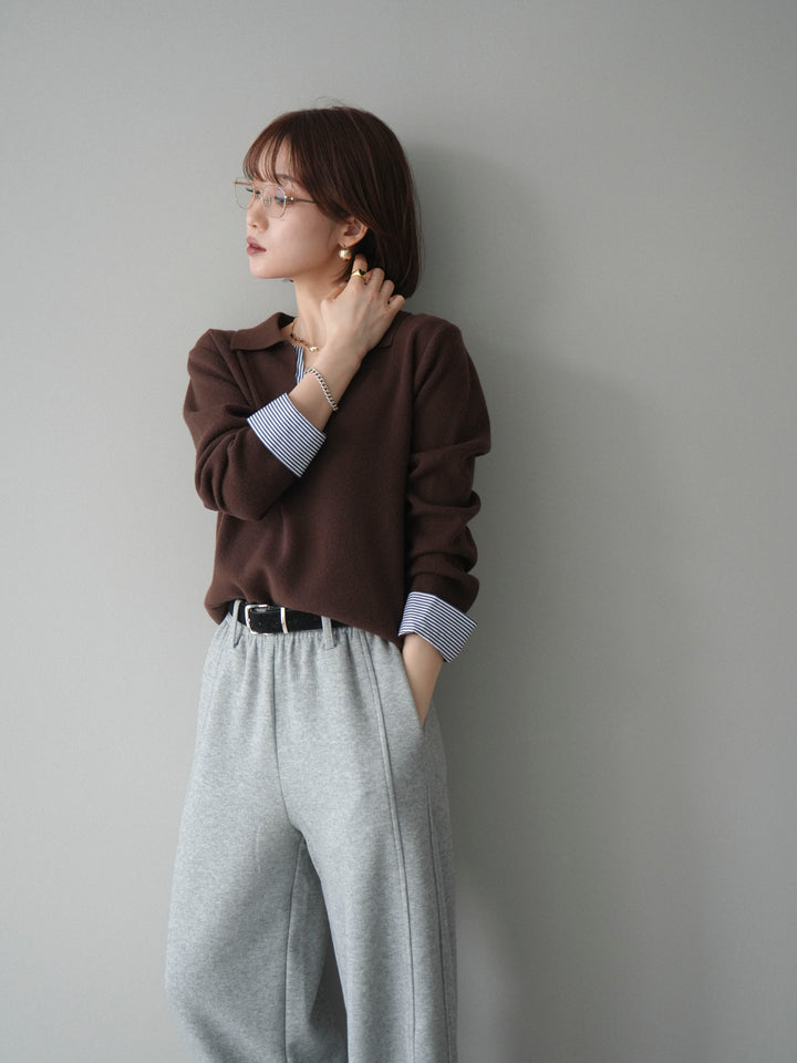 [予約]シャツレイヤードスキッパーニットプルオーバー/brown