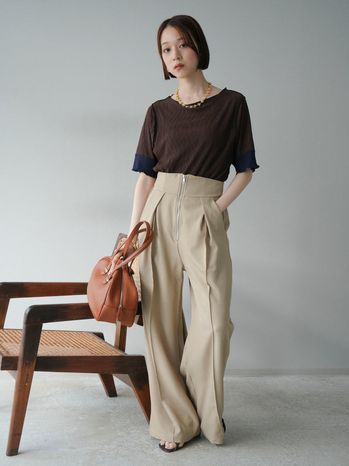 [SET] 百褶同色船領套頭衫 + 拉鍊褶襉寬褲 (2 套)