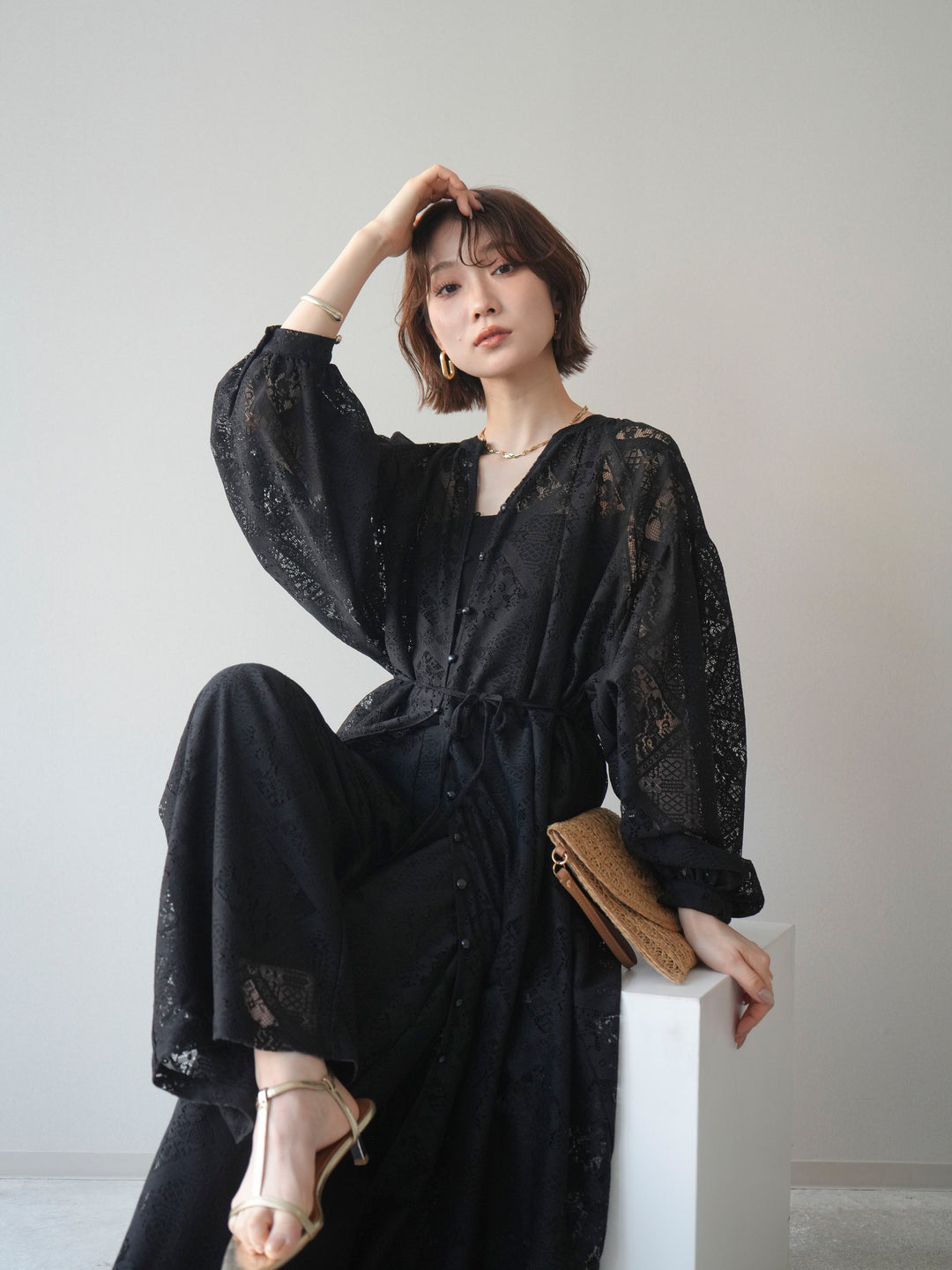 [SET]シアーレースロングガウン+シアーレースイージーパンツ(2set)