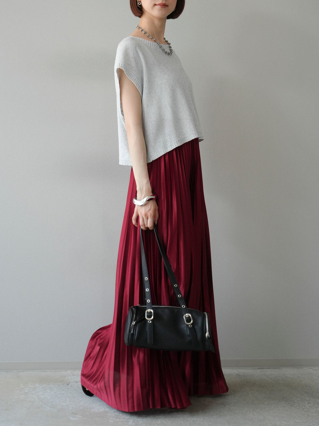 [SET]ネップヤーンクロップドニットベスト+サテンプリーツマキシスカート(2set)