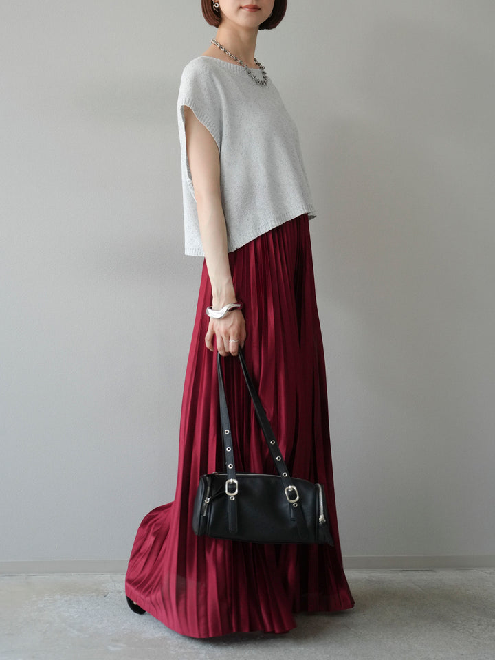 [SET]ネップヤーンクロップドニットベスト+サテンプリーツマキシスカート(2set)