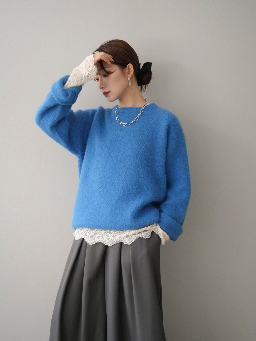 [SET]アンゴラタッチクルーネックニットプルオーバー+チュールレーストップス+テープベルトタックバギーパンツ(3set)