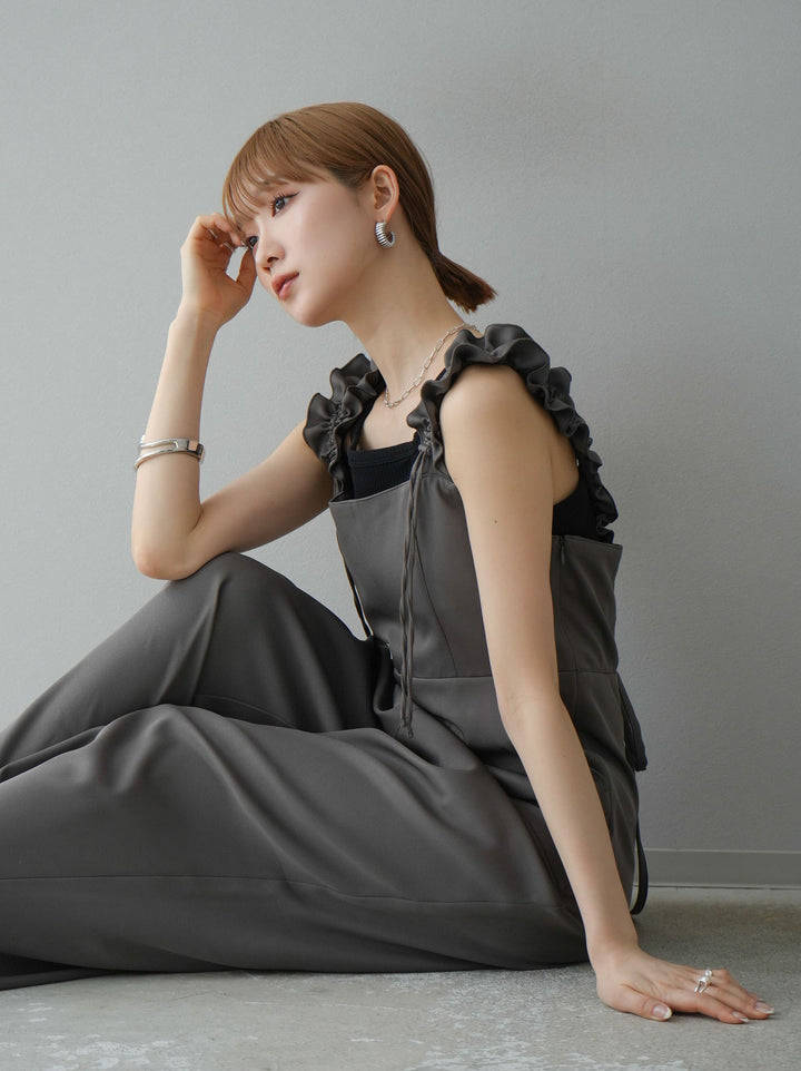 [預訂] 繫帶荷葉邊連身衣/灰色