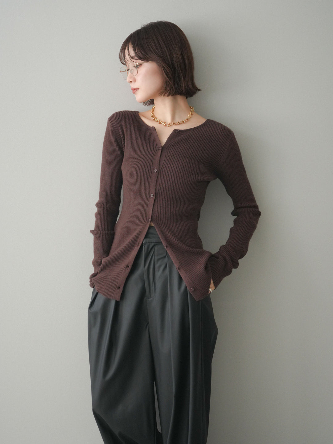 [予約]前後2WAYリブ編みクルーネックカーディガン/darkbrown