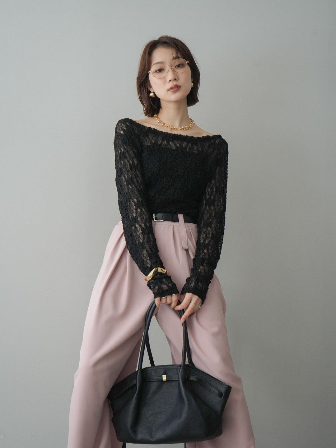 [SET]サイドギャザーレーストップス+ベルト付キーホルダーモチーフワイドパンツ(2set)