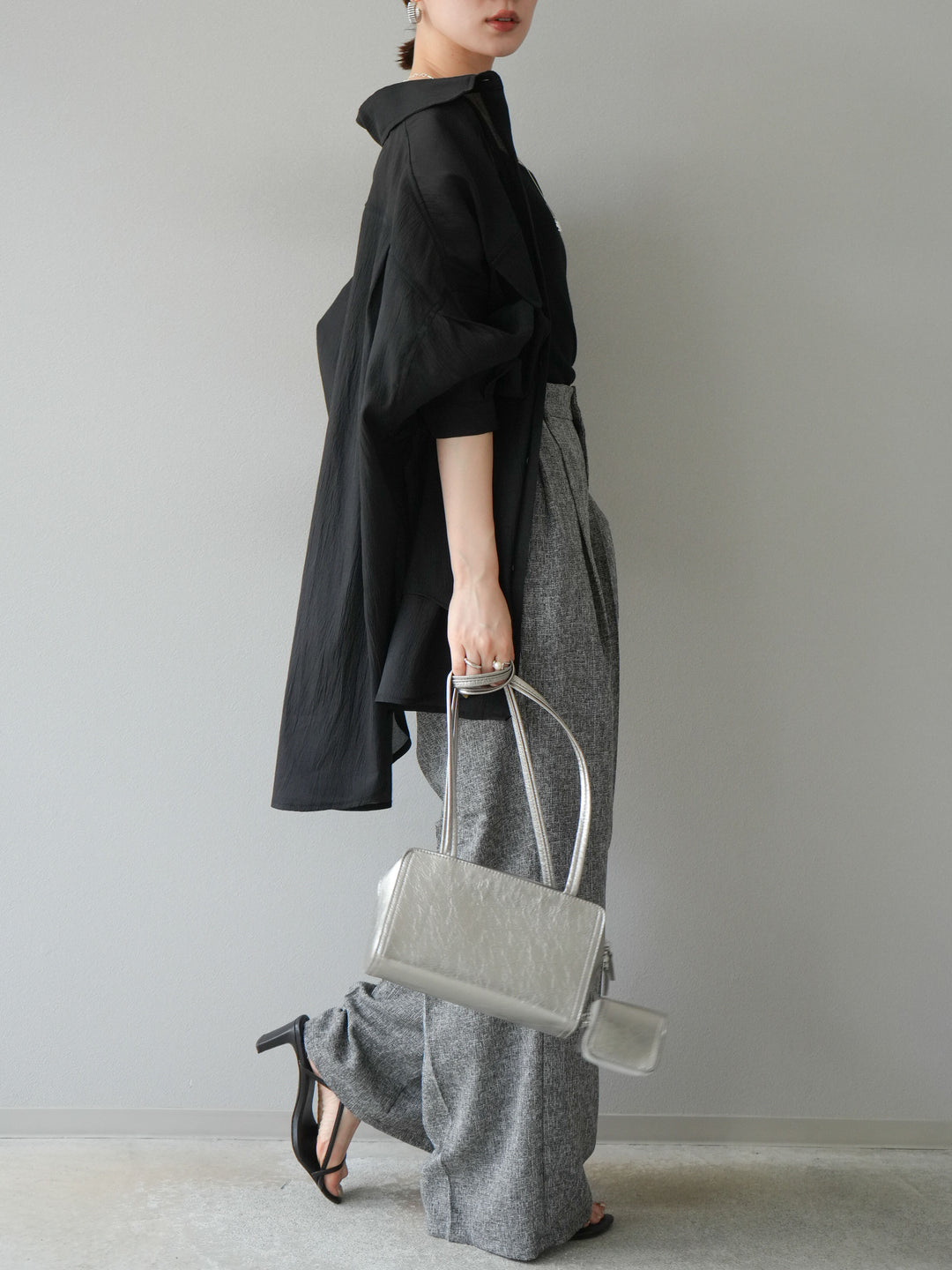 [預購] 混合粗花呢褶襉褲/黑色