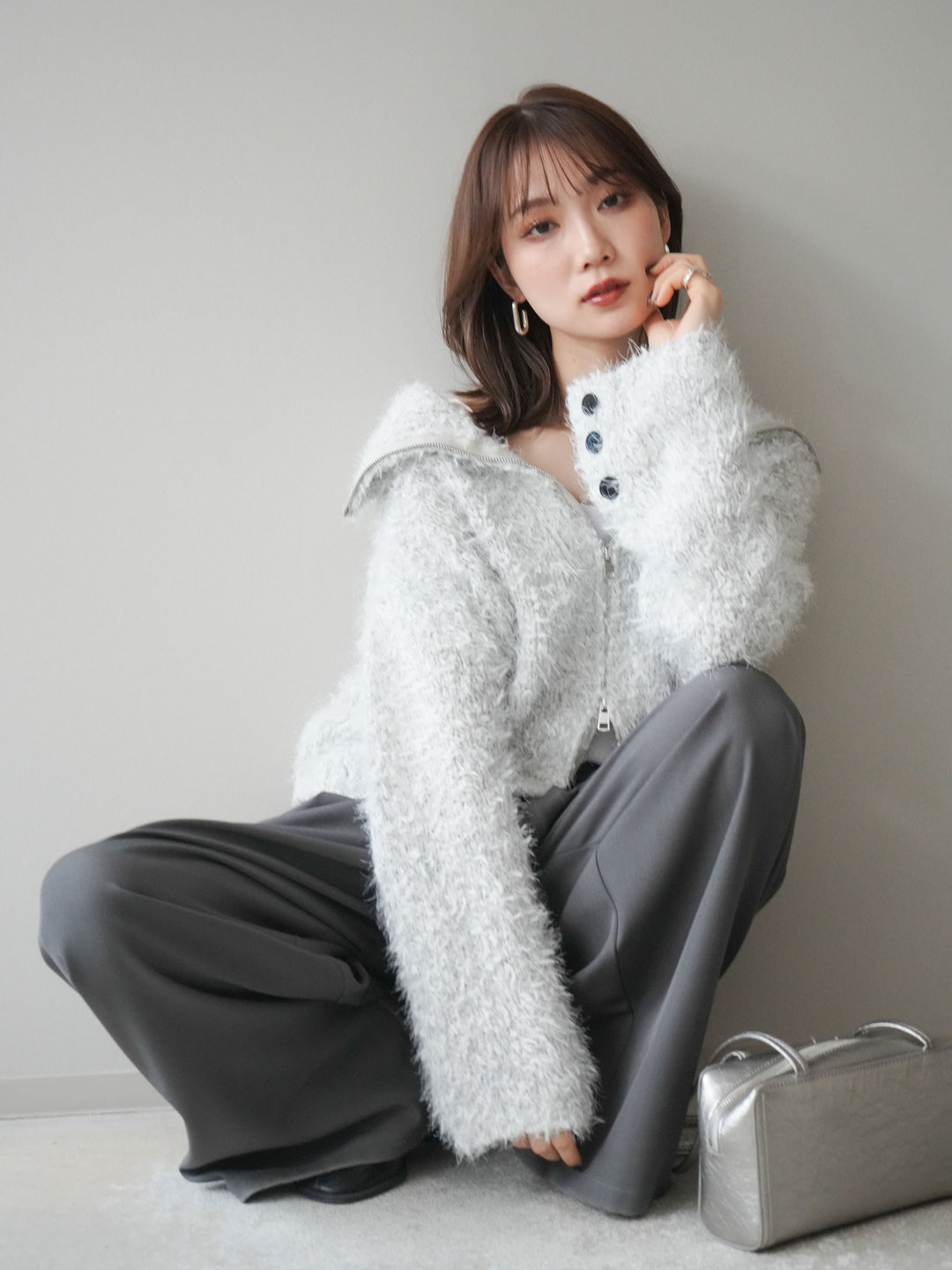 [予約]ミックスシャギージップニットカーディガン/ivory