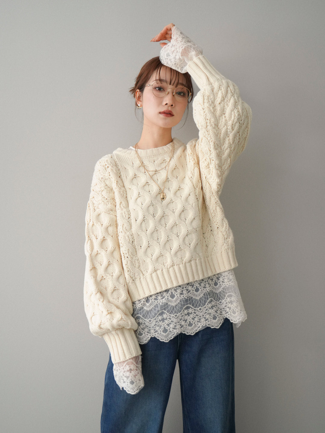 [SET]バルキーケーブルクロップドニットプルオーバー+裏起毛裾フリンジワイドデニムパンツ(2set)