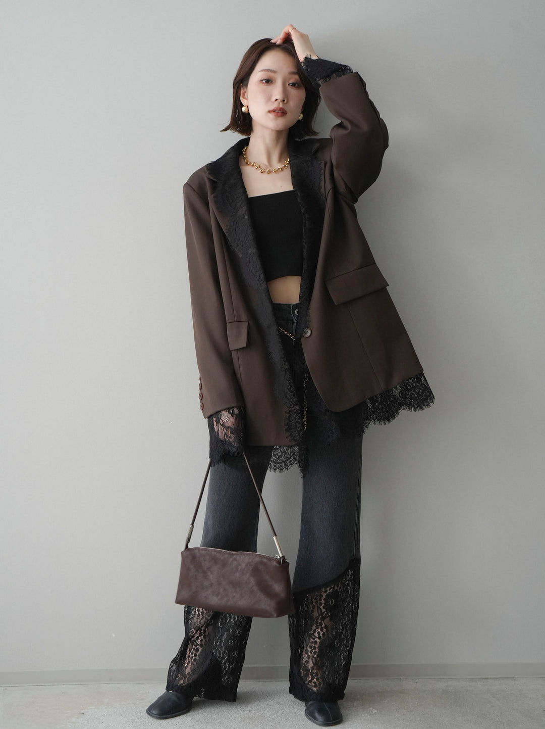 [予約]レース切替フレアデニムパンツ/black