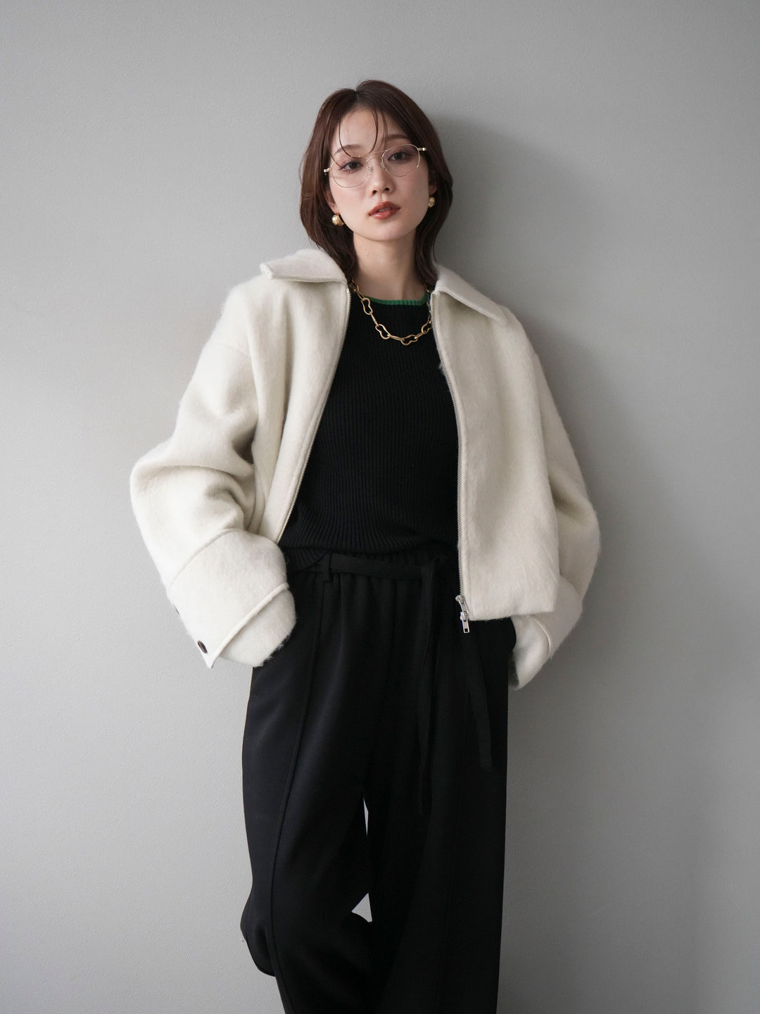 [予約]袖ビックループシャギージップブルゾン/ivory