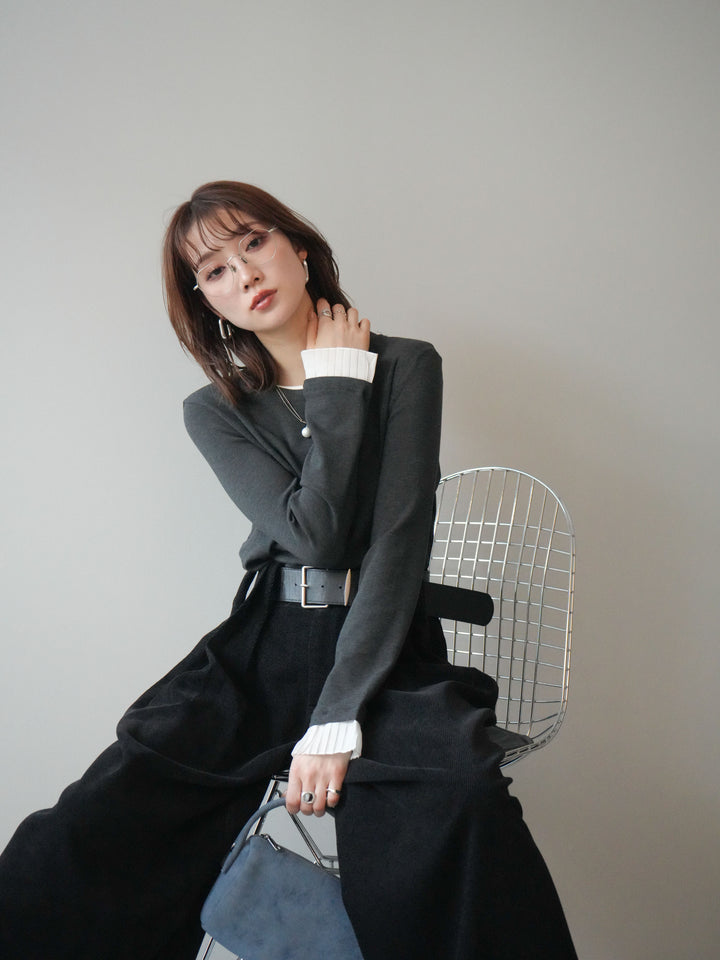 [SET]袖プリーツ配色レイヤードトップス+ベルトデザインループコールテンワイドパンツ(ベルト付き)(2set)