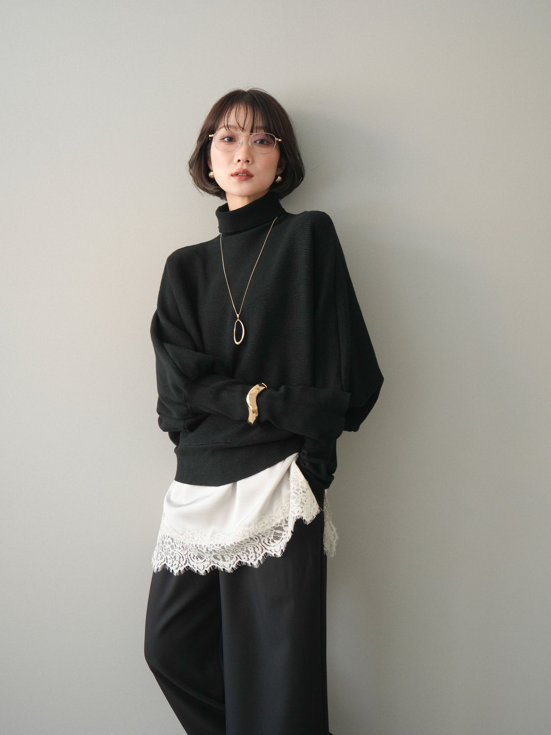 [予約]ボリュームドルマンタートルニットプルオーバー/black