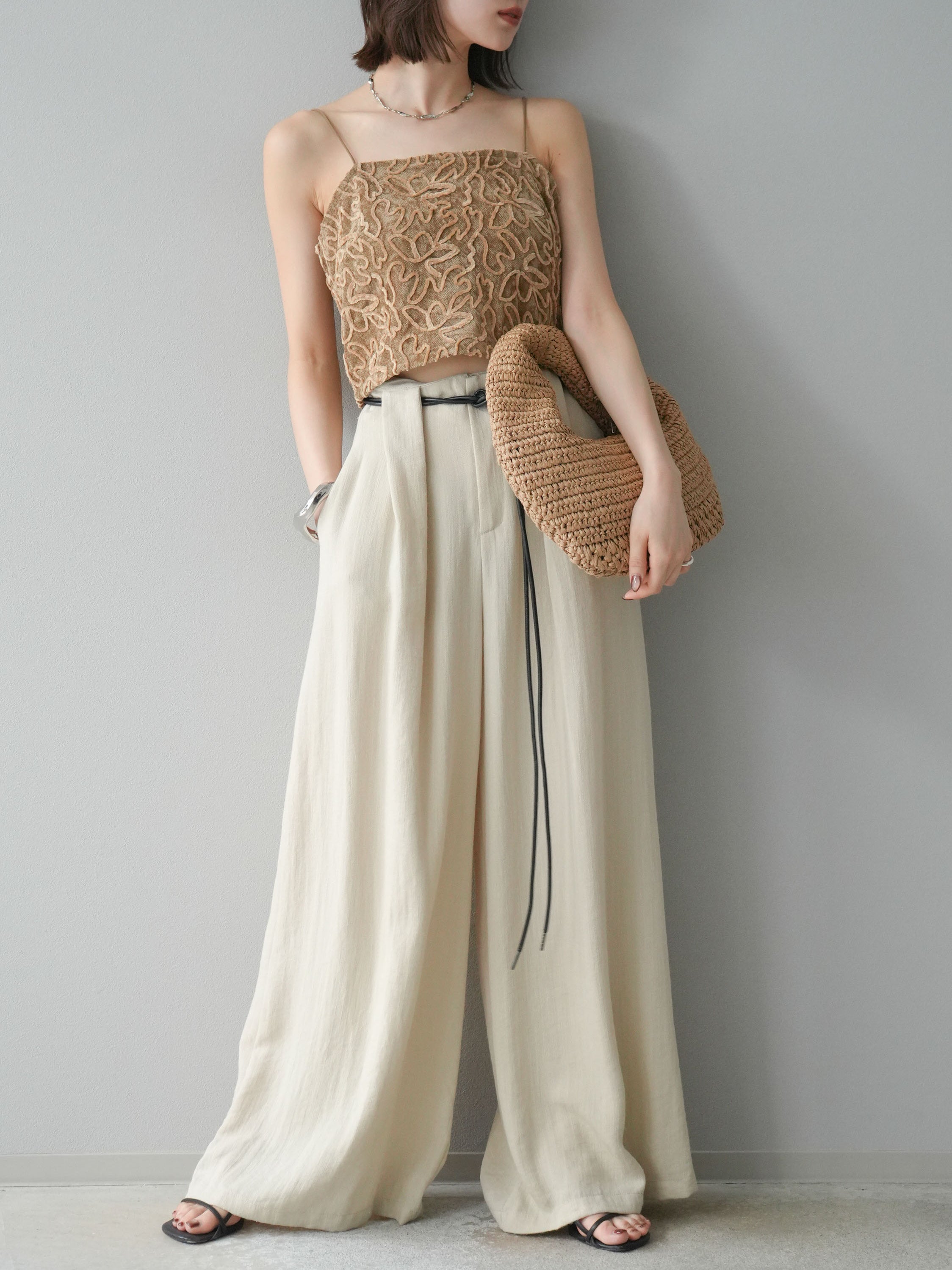 予約]ロープデザインベルトリネンタッチワイドパンツ/ベージュ