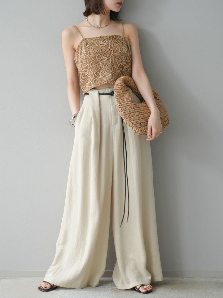 【預購】繩紋設計腰帶亞麻觸感寬褲/米色