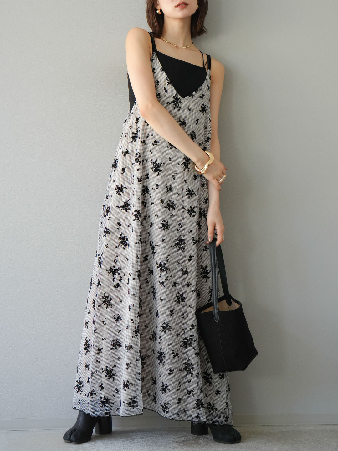 [SET]フロッキーチュールレイヤードベロアキャミワンピース+カップ付きバッククロスキャミソール(2set)