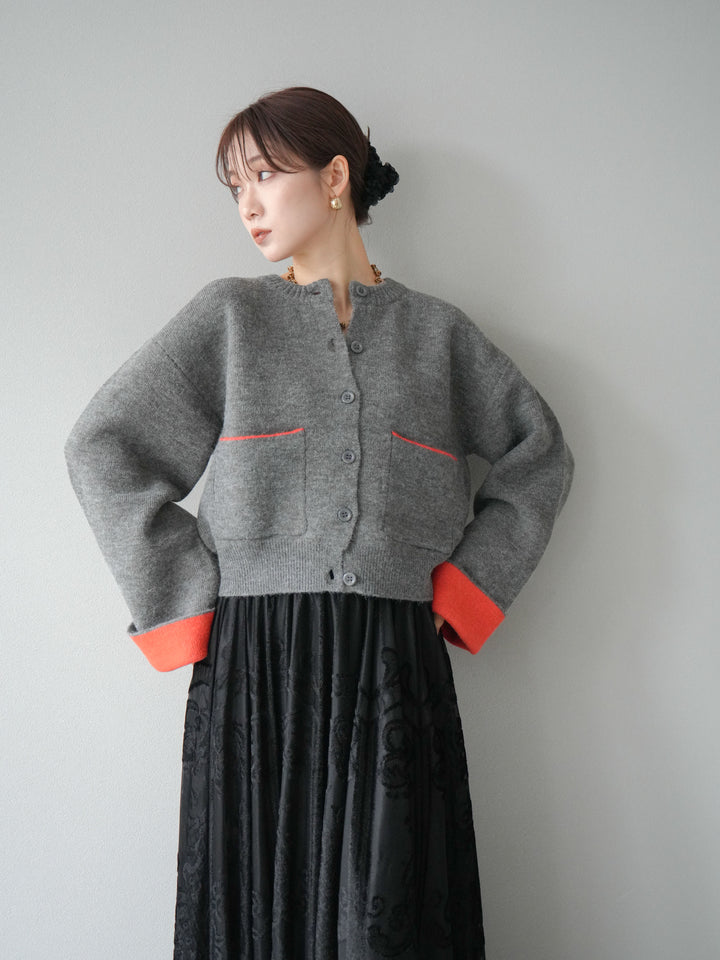 [SET]バイカラーオーバーニットカーディガン+アンティーク柄フロッキーマキシスカート(2set)