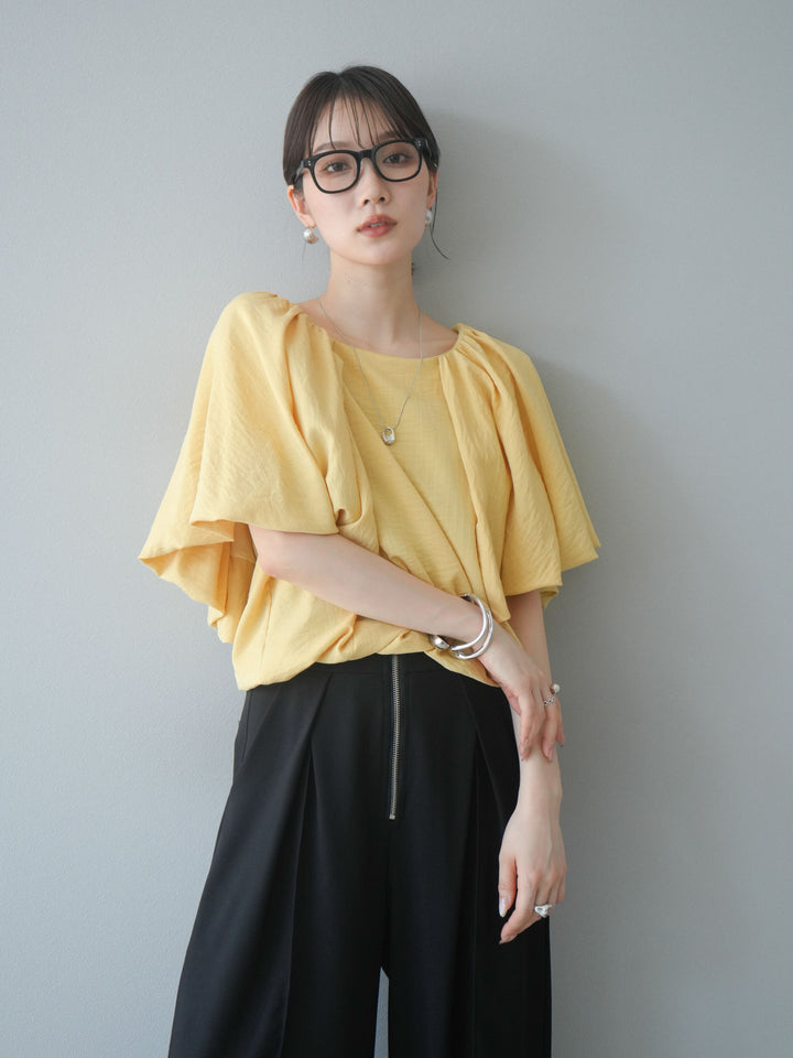 [SET] 燈籠袖褶襉設計上衣 + 拉鍊褶襉寬褲 (2 套)