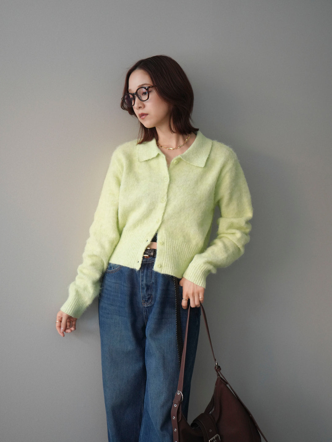 [SET]モヘア衿付きボタンプルオーバー+裏起毛裾フリンジワイドデニムパンツ(2set)