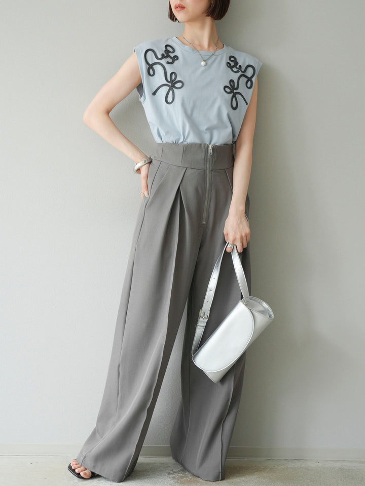 [SET]コード刺繍フレンチスリーブTシャツ+ジップタックワイドパンツ(2set)