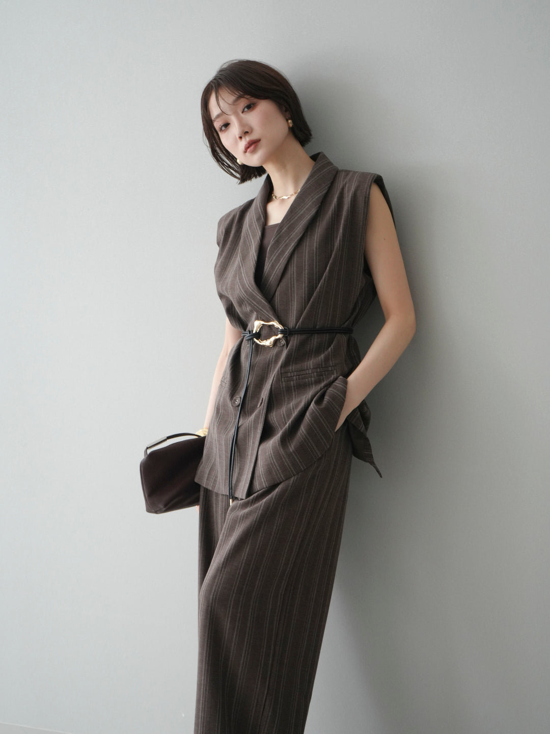 [SET]モチーフベルト付ストライプジレ＆パンツSETUP