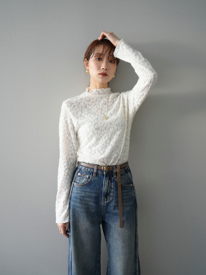 [予約]起毛レースプチネックトップス/white