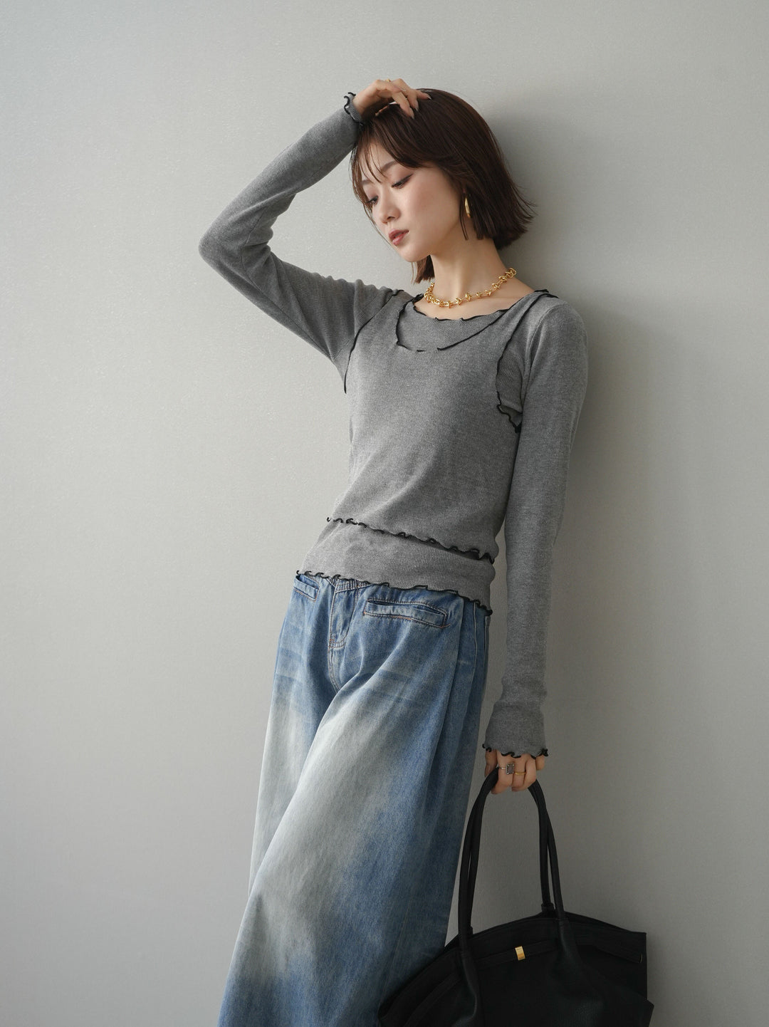 [予約]バイカラーメローアンサンブルシアーニットトップス/gray