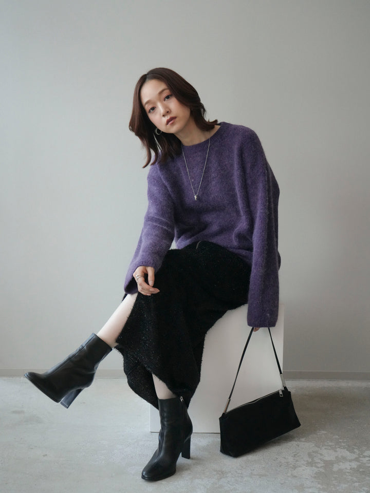 [SET]アンゴラタッチクルーネックニットプルオーバー+ラメシャギーフロントジップスカート(2set)