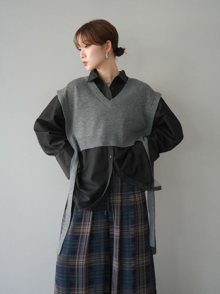 [予約]サイドリボンVネックショートニットベスト/チャコール