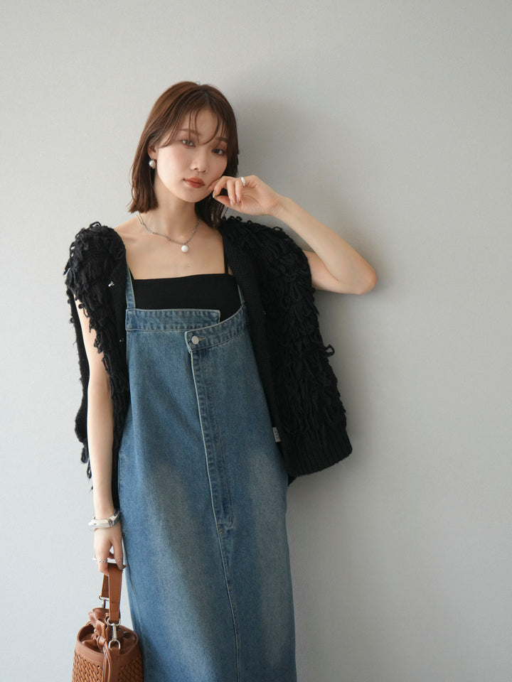 [SET]ループデザインベスト+アシンメトリーデニムワンピース(2set)