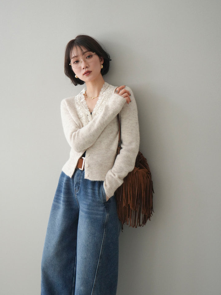 [SET]レースネックコンパクトニットカーディガン+選べるアクセセット(2set)