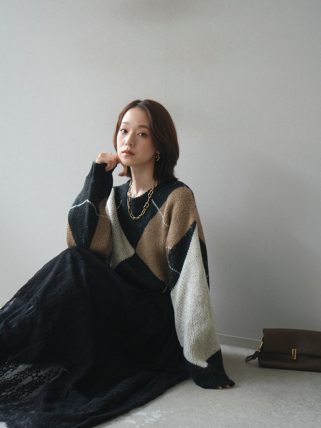 [SET]配色ステッチアーガイル柄ニットプルオーバー+ヴィンテージライクメッシュレーススカート(2set)