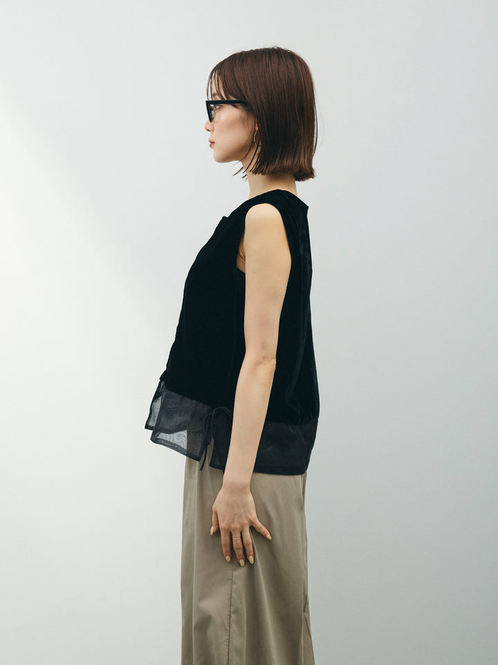 [予約]裾チュールベロアノースリーブプルオーバー/ブラック