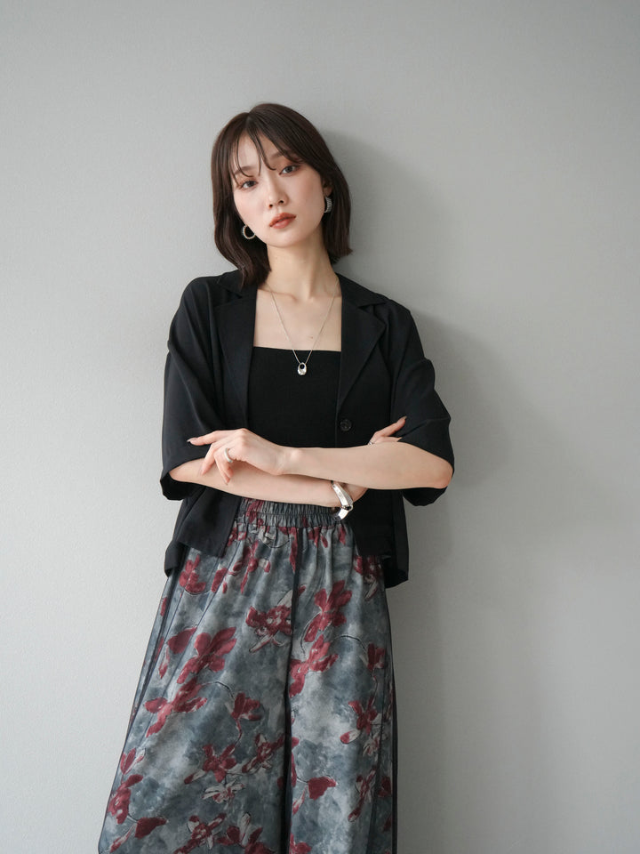 [SET]ハーフショートジャケット+フラワープリントチュールレイヤードパンツ(2set)