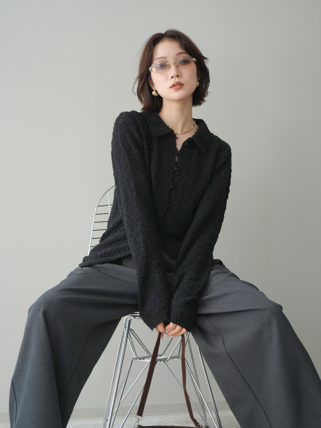 [予約]透かし編みブークレポロニットトップス/black